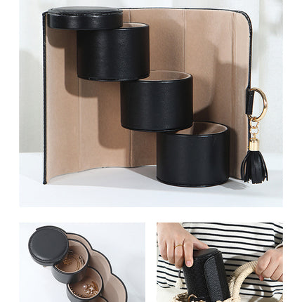 Black and Khaki Elegant 3-Tier Cylindrical Travel Jewellery Box - PU Leather Organizer for Rings Earrings Necklaces with Tassel Charm
