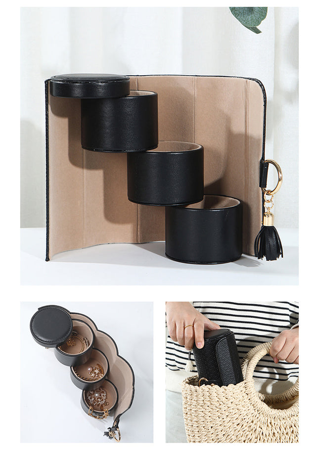 Black and Khaki Elegant 3-Tier Cylindrical Travel Jewellery Box – product detail