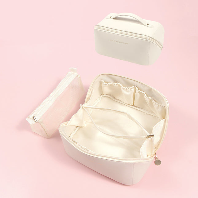 Beige Elegant PU Leather Makeup Bag & Toiletry Organizer with Detachable Mesh Pouch