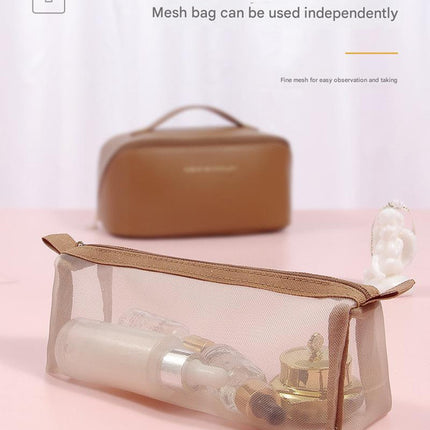 Beige Elegant PU Leather Makeup Bag & Toiletry Organizer with Detachable Mesh Pouch - Large Capacity Travel Cosmetic Case