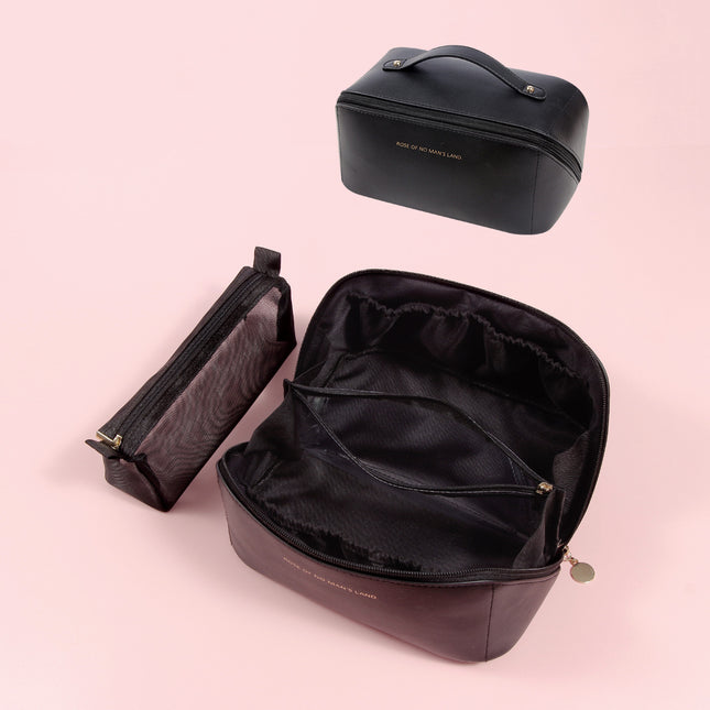 Black Elegant PU Leather Makeup Bag & Toiletry Organizer with Detachable Mesh Pouch