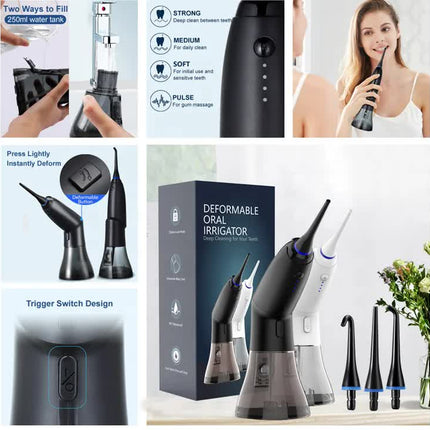 White Advanced Portable Water Flosser - Rechargeable Oral Irrigator, IPX7 Waterproof, 4 Cleaning Modes for Deep Dental Care
