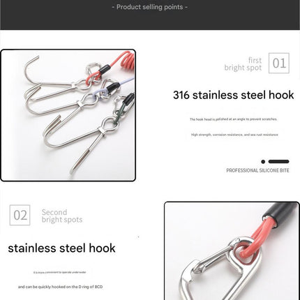 Red Pro 316 Stainless Steel Diving Reef Hook - Single, Double Combo Pack - Current Hook with Coiled Safety Lanyard