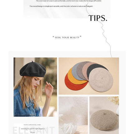 White Elegant Wool Beret - Classic Warm Thick British Style Hat for Autumn & Winter