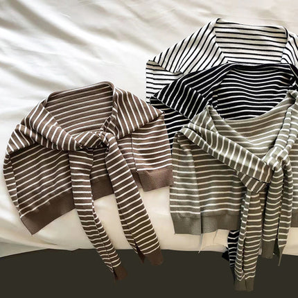 White Chic Striped Knit Tie-Front Shawl - Lightweight Versatile Layering Capelet for Women