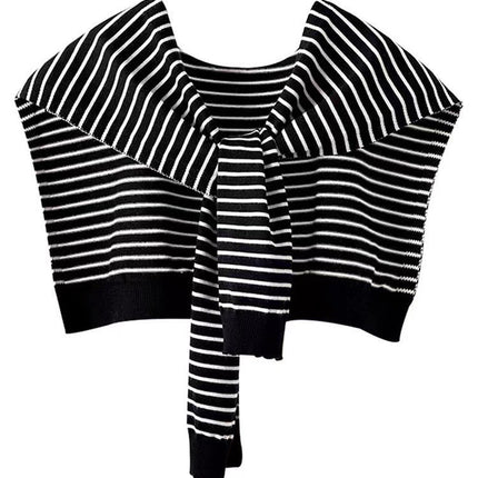 Black Chic Striped Knit Tie-Front Shawl - Lightweight Versatile Layering Capelet for Women