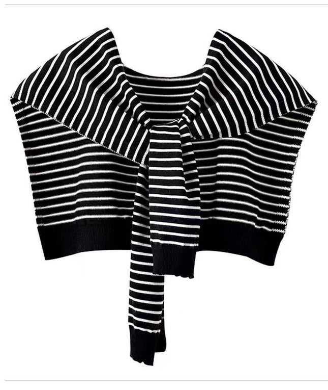 Black Chic Striped Knit Tie-Front Shawl