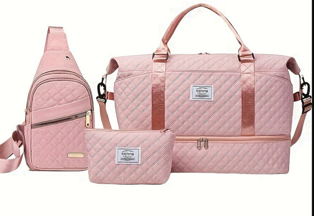 Pink Chic 3-Piece Quilted Travel Bag Set