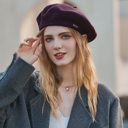 Dark Purple Elegant Wool Beret - Classic Warm Thick British Style Hat for Autumn & Winter