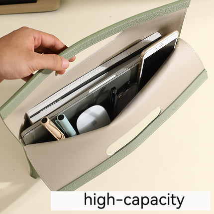 Light Green Professional A4 PU Leather Document Bag - Waterproof Handheld File Folder Portfolio for Business & Conference