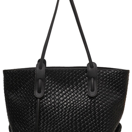 Black Chic Woven PU Leather Tote Bag - Large Capacity Casual Shoulder & Handbag for Women