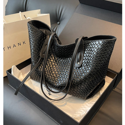 Black Chic Woven PU Leather Tote Bag - Large Capacity Casual Shoulder & Handbag for Women