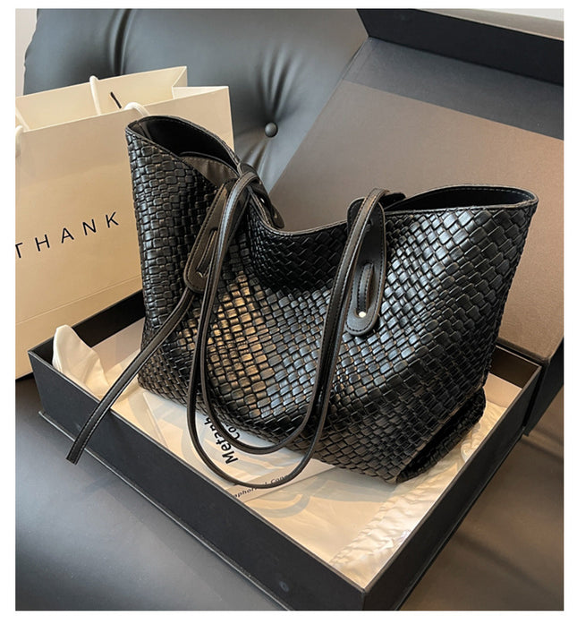 Black Chic Woven PU Leather Tote Bag – product detail