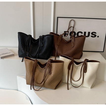 Black Chic Woven PU Leather Tote Bag - Large Capacity Casual Shoulder & Handbag for Women