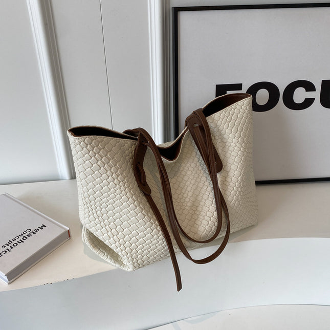 Beige and Brown Chic Woven PU Leather Tote Bag