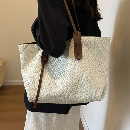 Beige and Brown Chic Woven PU Leather Tote Bag - Large Capacity Casual Shoulder & Handbag for Women