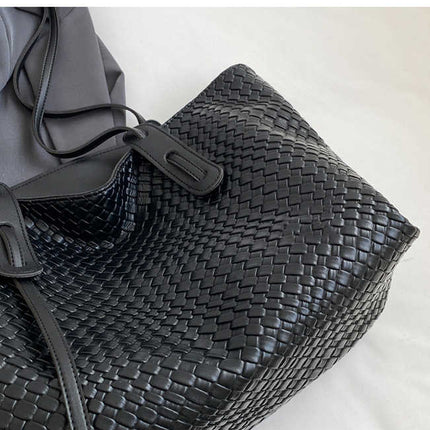 Beige and Brown Chic Woven PU Leather Tote Bag - Large Capacity Casual Shoulder & Handbag for Women
