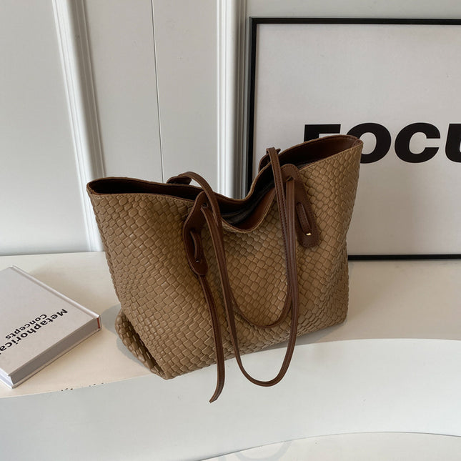 Khaki and Brown Chic Woven PU Leather Tote Bag