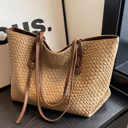 Khaki and Brown Chic Woven PU Leather Tote Bag - Large Capacity Casual Shoulder & Handbag for Women