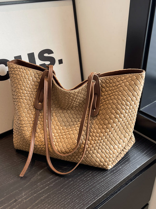 Khaki and Brown Chic Woven PU Leather Tote Bag – product detail