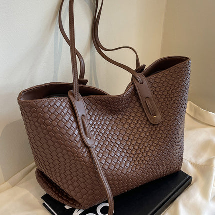 Brown Chic Woven PU Leather Tote Bag - Large Capacity Casual Shoulder & Handbag for Women