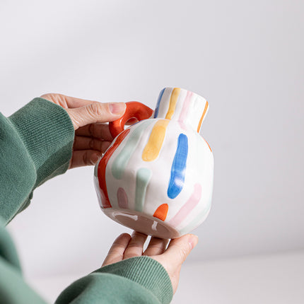 Colorful Artistic Hand-Painted Ceramic Vase - Dual Handle Pot Style - Colourful Striped Home Decor Accent