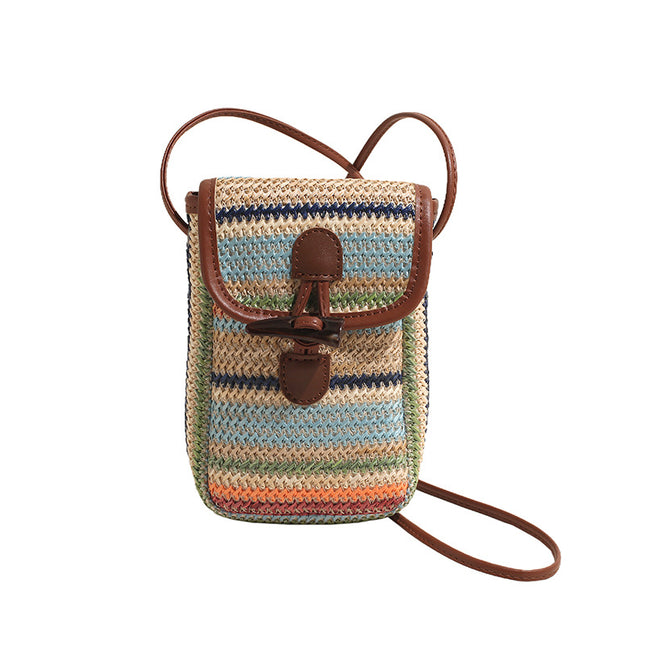 Blue And Khaki Boho Chic Woven Straw Crossbody Bag