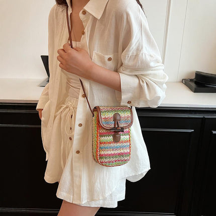 Blue And Khaki Boho Chic Woven Straw Crossbody Bag - Colourful Striped Mini Phone Pouch with Toggle Closure