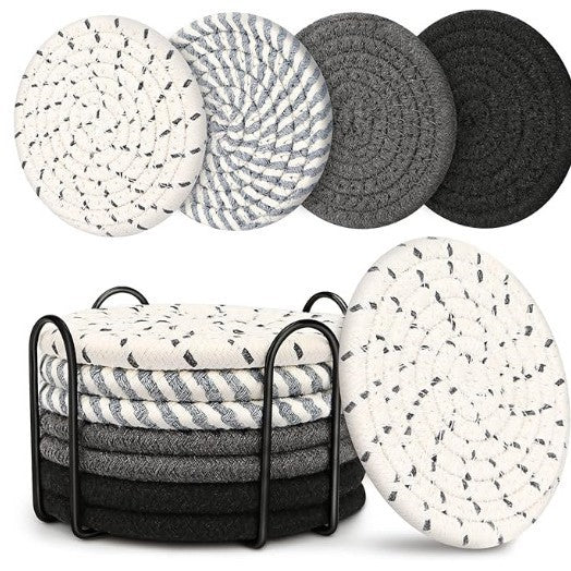 Beige and Black Absorbent Woven Cotton Coasters