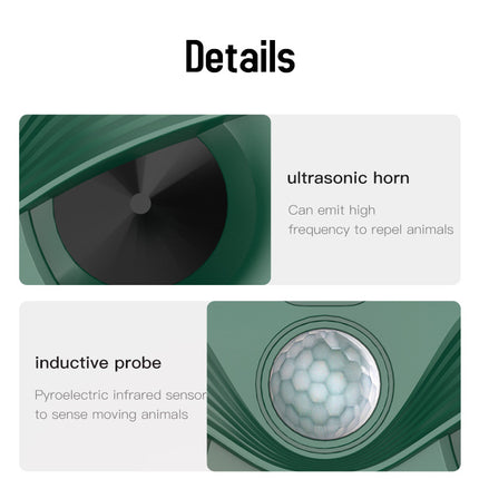 Green Advanced Solar Powered Ultrasonic Animal Repeller - Outdoor Pest Deterrent with Motion Sensor, Strobe Light & Laser