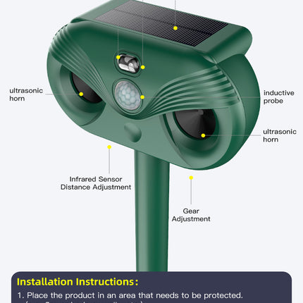 Black Advanced Solar Powered Ultrasonic Animal Repeller - Outdoor Pest Deterrent with Motion Sensor, Strobe Light & Laser