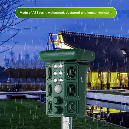 Green Solar Powered Ultrasonic Animal Repeller - Multi-Frequency Pest Deterrent with Motion Sensor, LED Strobe & Illumination Light