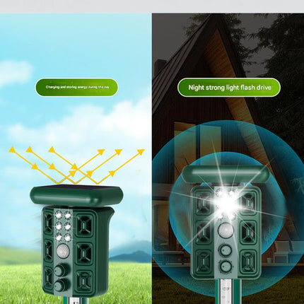 Green Solar Powered Ultrasonic Animal Repeller - Multi-Frequency Pest Deterrent with Motion Sensor, LED Strobe & Illumination Light