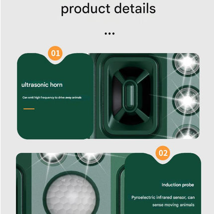 Green Solar Powered Ultrasonic Animal Repeller - Multi-Frequency Pest Deterrent with Motion Sensor, LED Strobe & Illumination Light