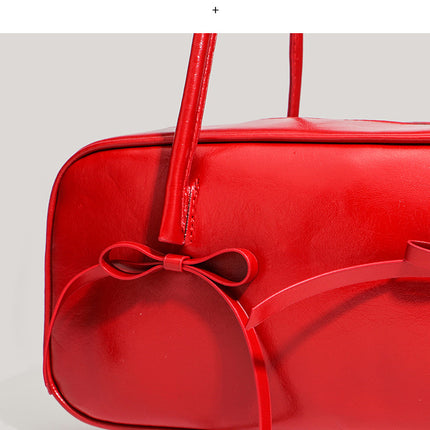 Red Chic PU Leather Baguette Shoulder Bag - Elegant Bow Accent Underarm Handbag for Women