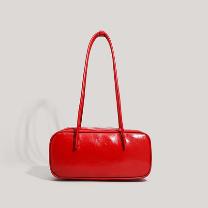 Red Chic PU Leather Baguette Shoulder Bag - Elegant Bow Accent Underarm Handbag for Women