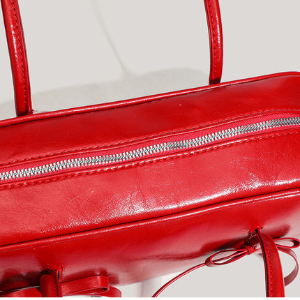 Red Chic PU Leather Baguette Shoulder Bag - Elegant Bow Accent Underarm Handbag for Women