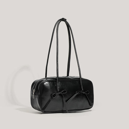 Black Chic PU Leather Baguette Shoulder Bag - Elegant Bow Accent Underarm Handbag for Women