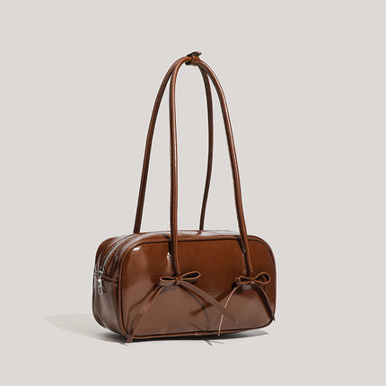 Coffee Chic PU Leather Baguette Shoulder Bag - Elegant Bow Accent Underarm Handbag for Women