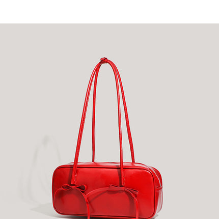 Coffee Chic PU Leather Baguette Shoulder Bag - Elegant Bow Accent Underarm Handbag for Women