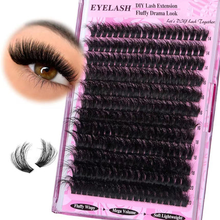 3 Pcs Black Mega Volume 200D DIY Lash Clusters - D Curl Faux Mink, Fluffy Drama Look, Mixed Lengths (14-20mm) for Custom Extensions