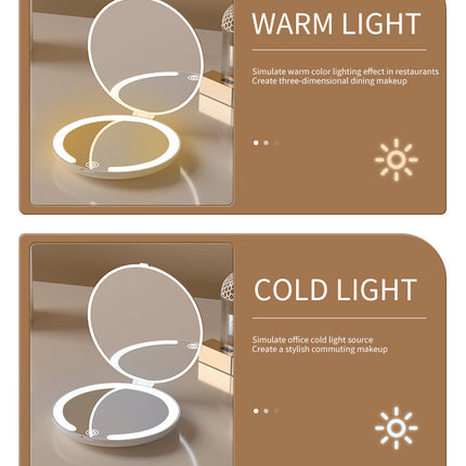 Yellow LED Travel Makeup Mirror - Rechargeable Compact Mirror with 3 Color Lights, 1x/5x Magnification & Smart Auto On/Off