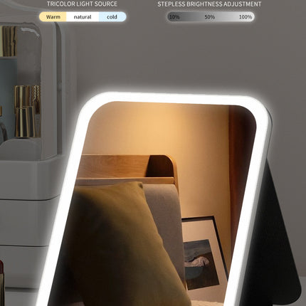 White Large Foldable LED Makeup Mirror - Portable Desktop Vanity with 3 Color Lights, Stepless Dimming & Adjustable Stand