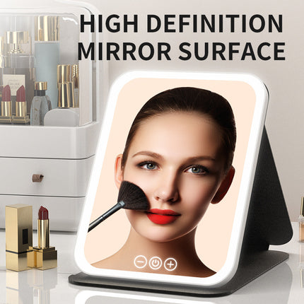 Pink Large Foldable LED Makeup Mirror - Portable Desktop Vanity with 3 Color Lights, Stepless Dimming & Adjustable Stand