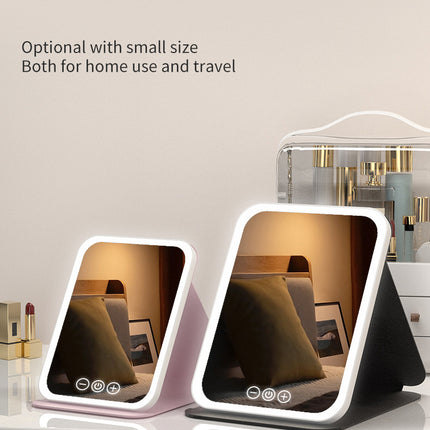 Pink Large Foldable LED Makeup Mirror - Portable Desktop Vanity with 3 Color Lights, Stepless Dimming & Adjustable Stand