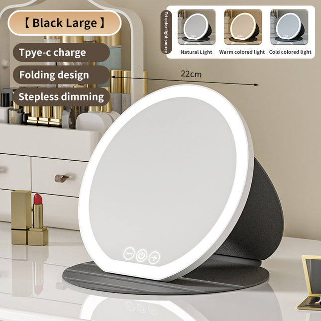 Black Large Round Foldable LED Makeup Mirror
