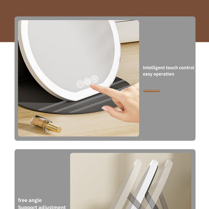 Black Large Round Foldable LED Makeup Mirror - 22cm Desktop Vanity with 3 Color Lights & Stepless Dimming