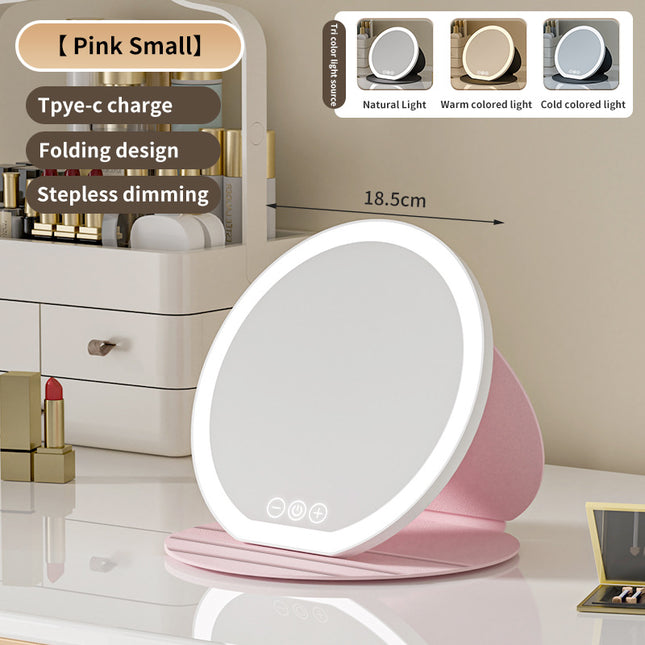 Pink Small Round Foldable LED Makeup Mirror