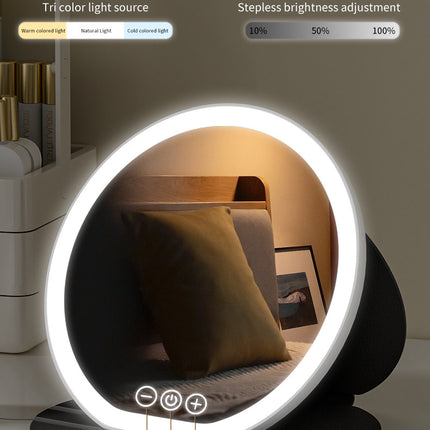 White Small Round Foldable LED Makeup Mirror - 18.5cm Desktop Vanity with 3 Color Lights & Stepless Dimming
