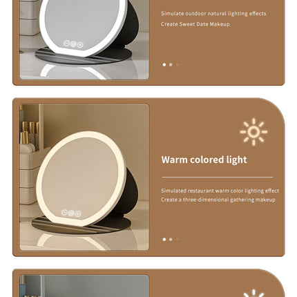 Black Small Round Foldable LED Makeup Mirror - 18.5cm Desktop Vanity with 3 Color Lights & Stepless Dimming